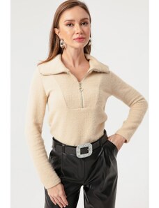 Lafaba Dámský béžový svetr s límečkem na zip