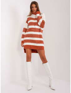 Fashionhunters Ecru-tmavě oranžové pletené šaty s rolákem
