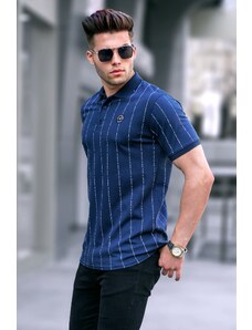 Madmext Navy Blue Buttons Striped Polo Neck T-Shirt 5879