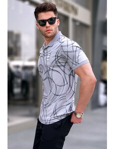 Madmext Painted Gray Patterned Polo Neck T-Shirt 5873