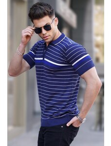 Madmext Navy Blue Striped Polo Neck T-Shirt 5734