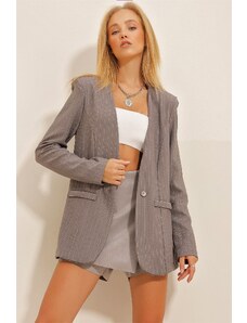 Trend Alaçatı Stili Women's Gray Striped Lined Waistband Blazer Jacket