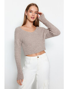 Trendyol Mink Crop Basic V-Neck Knitwear Sweater