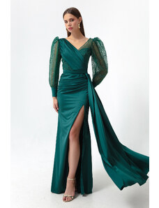 Lafaba Women's Emerald Green, Double Breasted Collar, Glittery Long Satin Evening Dress.