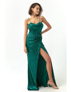Lafaba Women's Emerald Green Underwire Corset Detailed Sequined Long Evening Dress with a Slit.