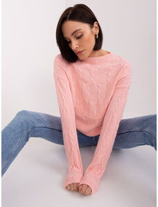 Fashionhunters Světle růžový kabelový pletený svetr s kulatým výstřihem