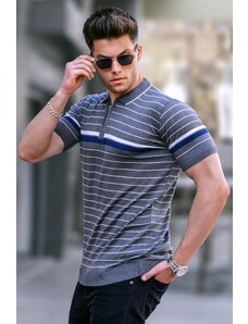 Madmext Ice Gray Striped Polo Neck T-Shirt 5734