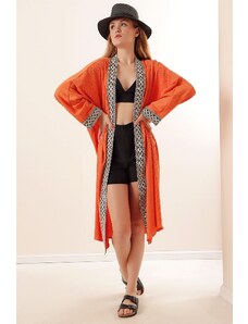 Bigdart 5865 Vyšívané Pletené Dlouhé Kimono - Oranžové