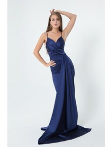 Lafaba Dámské námořnická modrá Strappy Dlouhé saténové večerní šaty a maturitní šaty
