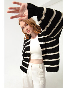 Lafaba Women's Black-White Oversize Striped Knitwear Cardigan