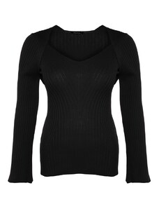 Trendyol Curve Černý žebrovaný pletený svetr se širokým výstřihem