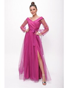 By Saygı Lace-Up Balloon Sleeve Tulle Long Evening Dress Fuchsia