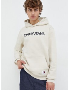 Bavlněná mikina Tommy Jeans pánská, béžová barva, s kapucí, s potiskem