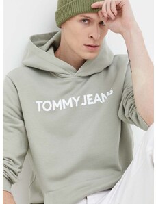 Bavlněná mikina Tommy Jeans pánská, zelená barva, s kapucí, s potiskem