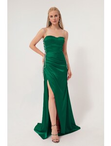 Lafaba Dámské smaragdově zelené bez ramínek dlouhé saténové večerní šaty