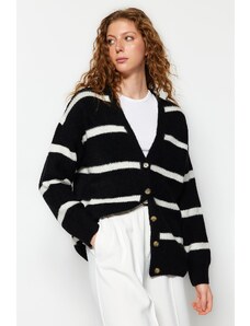Trendyol Black Wide Fit Měkký texturovaný pruhovaný pletený svetr