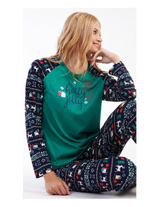 Vienetta Secret Dámské pyžamo dlouhé Holly Jolly, barva tmavě zelená, 100% bavlna