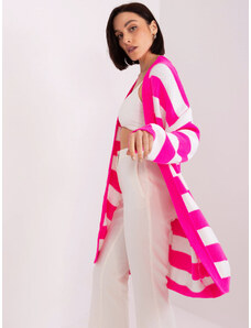 Fashionhunters Fluo růžovo-bílý volný pruhovaný kardigan
