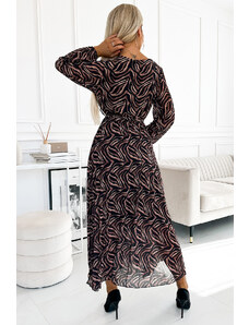 numoco basic Dlouhé dámské plisované šifonové šaty s výstřihem, dlouhými rukávy, páskem a s hnědým zebřím vzorem 511-2