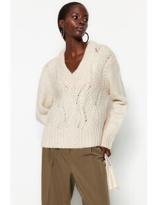 Trendyol Stone Měkký texturovaný pletený svetr s výstřihem do V