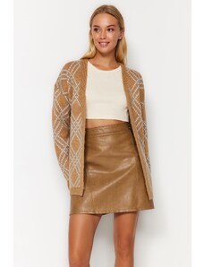 Trendyol Camel Oversize Midi Soft Textured Vzorovaný pletený svetr