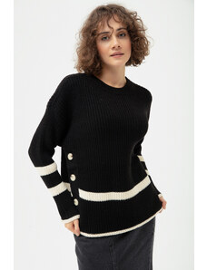 Lafaba Dámský černý pruhovaný boční knoflíkový žebrovaný pletený svetr