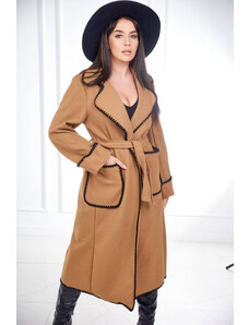 K-Fashion Kabát svázaný ozdobným lemem Velbloud