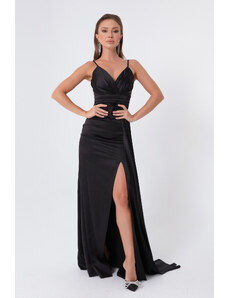 Lafaba Dámské černé páskové dlouhé saténové večerní šaty a promoční šaty