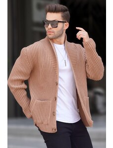Madmext Camel Standing Collar Knitwear Cardigan with Pocket 6815