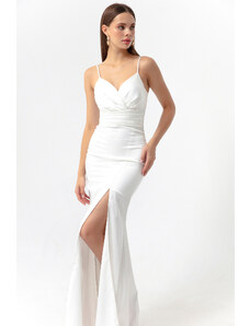 Lafaba Women's White Evening Dress with Straps and a Slit in Long Satin Prom.