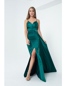 Lafaba Dámské smaragdově zelené páskové dlouhé saténové večerní šaty a promoční šaty
