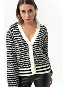Lafaba Women's Ecru Striped Button Detailed Oversized Knitwear Cardigan