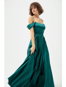 Lafaba Women's Emerald Green Stone Strap Flared Cut Long Evening Dress