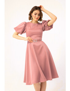 Lafaba Women's Pink Balloon Sleeve Stone Belted Mini Satin Evening Dress