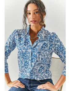 Olalook Women's Palm Navy Blue Patterned Shirt