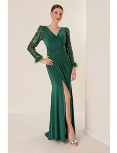 By Saygı Double Breasted Neckline Front Draped Sleeves Sequin Feather Detailed Lined Lycra Long Dress Emerald