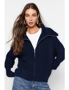 Trendyol Námořnický modrý límec na zip Detailní pletený svetr