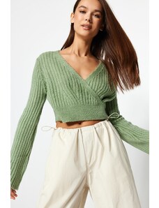 Trendyol Mint Crop Měkký texturovaný dvouřadý pletený svetr