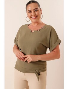 By Saygı Collar Metal Detailed Tie Waist Plus Size Ayrobin Blouse Khaki