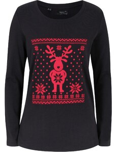 bonprix Bavlněné triko s vánočním motivem, dlouhý rukáv Černá