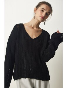 Happiness İstanbul Dámský černý roztrhaný detailní oversize pletený svetr