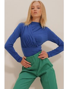 Trend Alaçatı Stili Women's Saxe Blue High Neck Draped Sandy Bodysuit