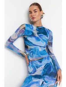 Trendyol Blue Patterned Draped Sheer Backless Fitted/Situated Tulle Knitted Blouse