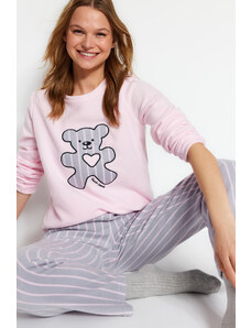 Trendyol Pink Fleece Teddy Bear Printed Striped Tshirt-Pants Knitted Pajamas Set