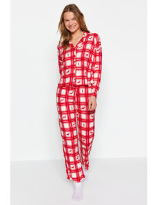 Trendyol Red Deer Printed Plaid Shirt-Pants Knitted Pajamas Set