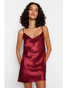 Trendyol Burgundy Premium Satin Heart Patterned Degaje Collar Woven Nightgown