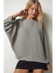 Happiness İstanbul Women's Gray Bat Sleeves Flowy Airobine Blouse