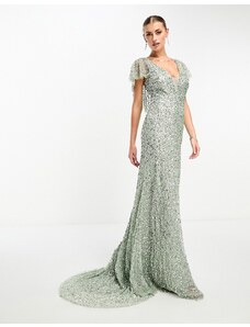 Beauut embellished maxi dress with frill detail in sage green