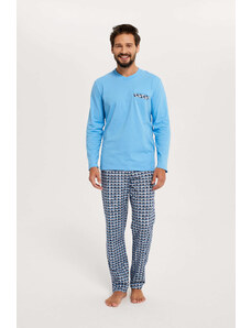 Italian Fashion Jaromír pánské pyžamo s dlouhým rukávem, dlouhé kalhoty - modrá/potisk