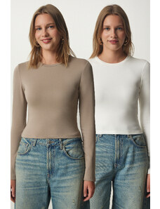 Happiness İstanbul Women's Mink Ecru Crew Neck Saran 2-Pack Knitted Blouse